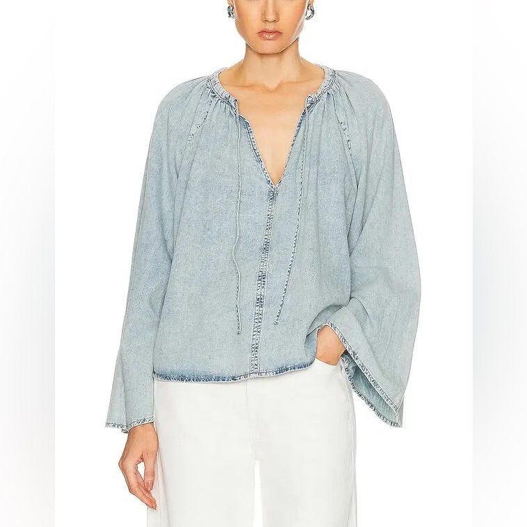 Frame Gathered Blouse Shirred Denim Linen Blend